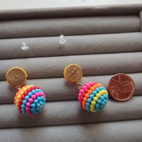 Seed Beaded Ball Drop Earrings - yellow/red/bluecolor combo - Picture 5 of 6